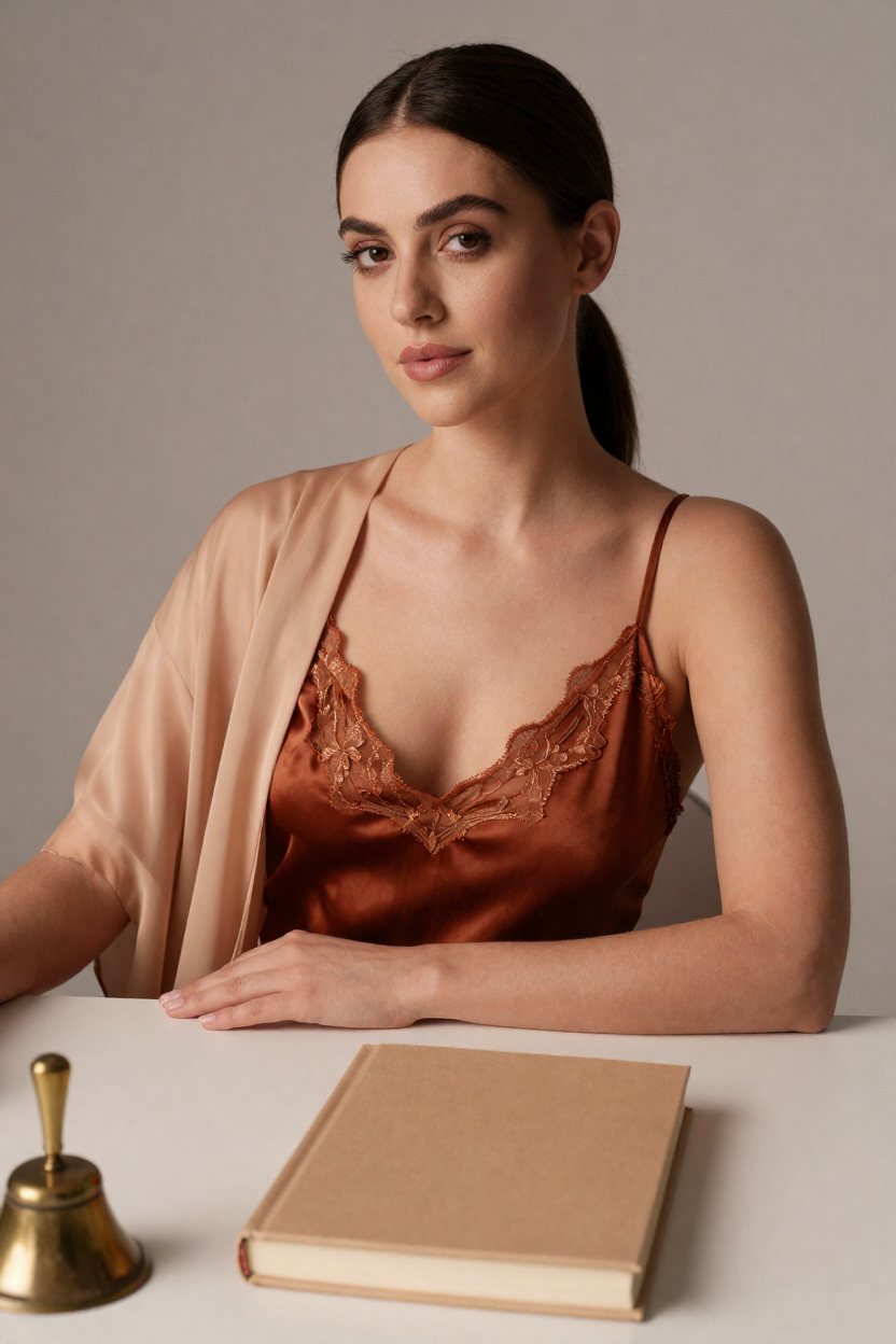 Fictional 29-year-old woman, dark chestnut hair in a smooth low ponytail, smooth warm skin, groomed brows